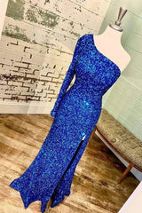 One-shoulder Long Sleeve Tiffany Blue Sequins Long Formal Dress EWQ007