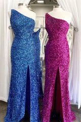 One Shoulder Blue Sequins Mermaid Long Formal Dress EWQ017