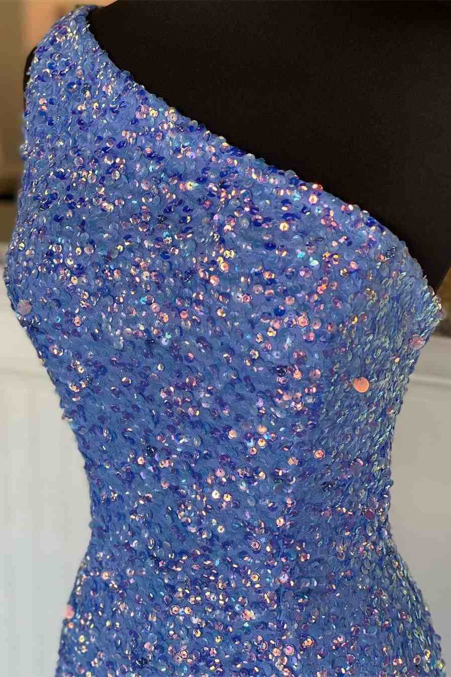 One Shoulder Blue Sequins Mermaid Long Formal Dress EWQ017