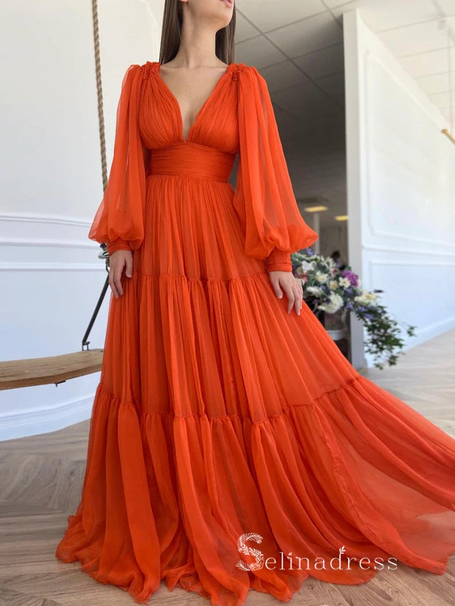 A-line Orange Chiffon V neck Long Prom Dress With Long Sleeve Cheap Evening Gowns POL013|Selinadress