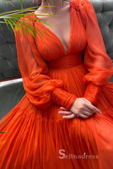 A-line Orange Chiffon V neck Long Prom Dress With Long Sleeve Cheap Evening Gowns POL013|Selinadress