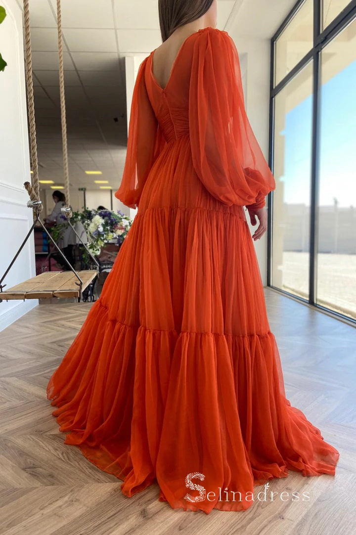 A-line Orange Chiffon V neck Long Prom Dress With Long Sleeve Cheap Evening Gowns POL013|Selinadress