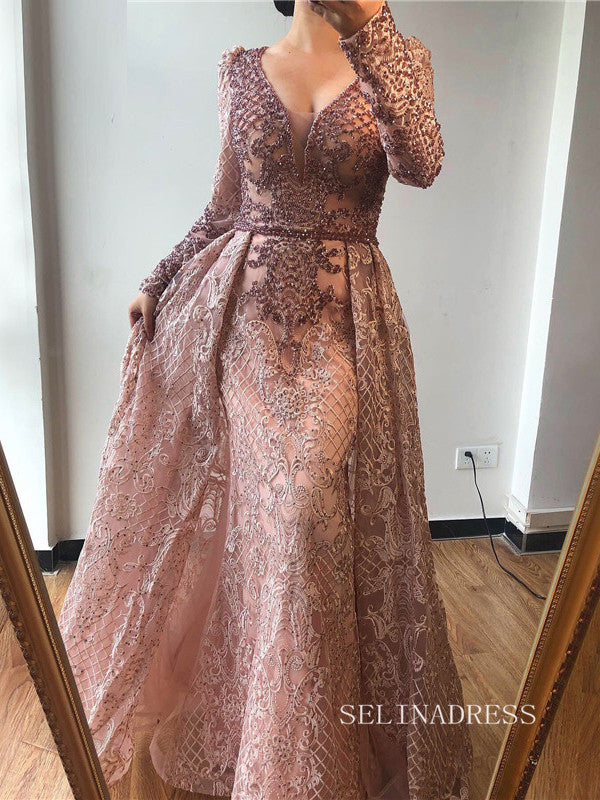 Long Sleeve V neck Burgundy Long Prom Dress Lace Beaded Evening Formal Gown SC031|Selinadress