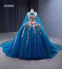 Pink Floral Blue Ball Gowns Wedding Dresses Tulle Cape Pageant Dresses 231053|Selinadress