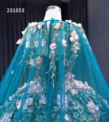 Pink Floral Blue Ball Gowns Wedding Dresses Tulle Cape Pageant Dresses 231053|Selinadress