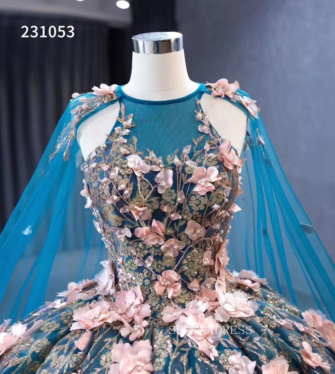 Pink Floral Blue Ball Gowns Wedding Dresses Tulle Cape Pageant Dresses 231053|Selinadress