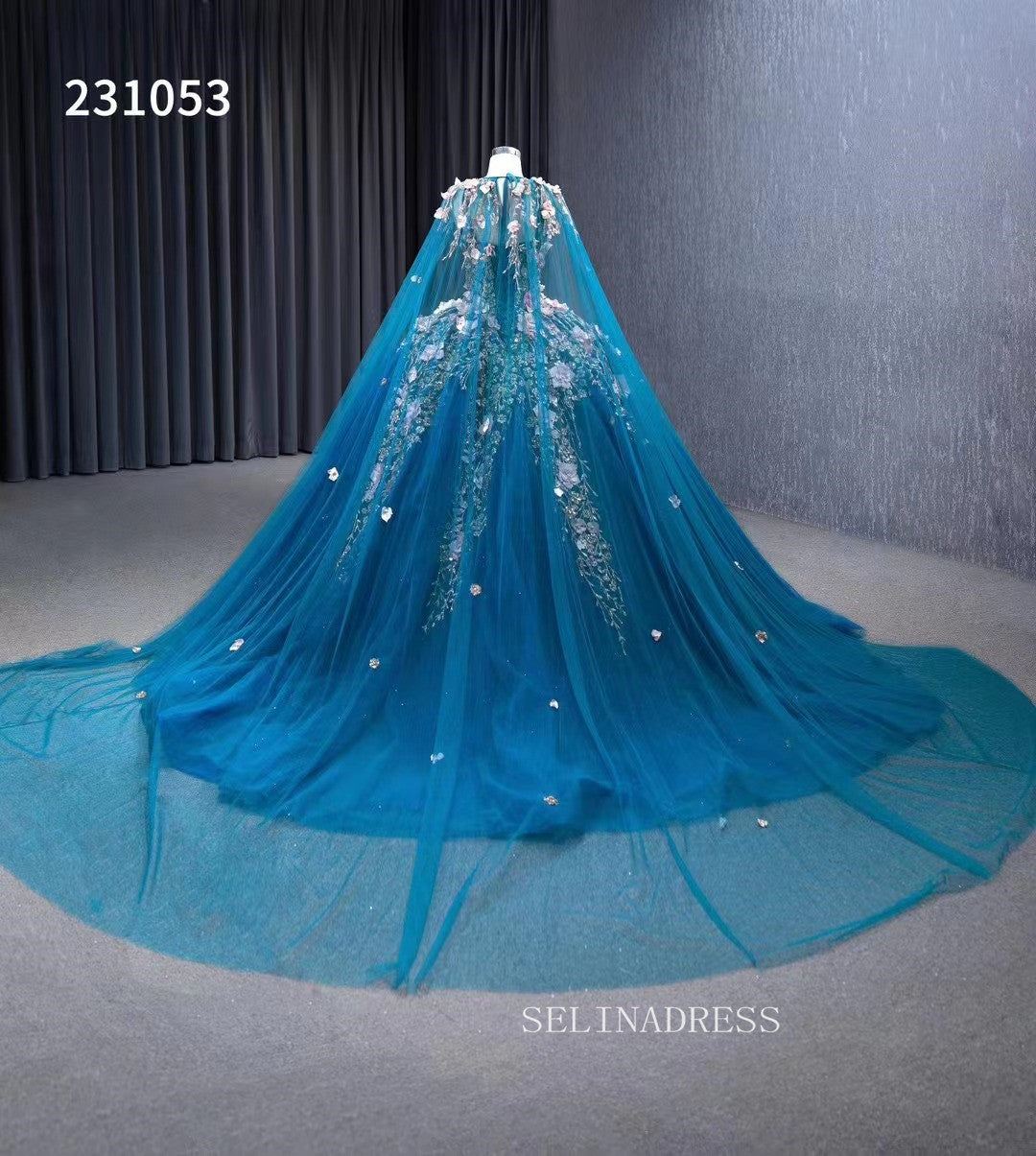 Pink Floral Blue Ball Gowns Wedding Dresses Tulle Cape Pageant Dresses 231053|Selinadress