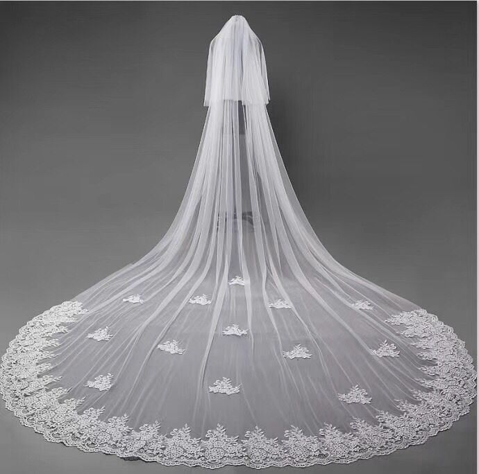 Cute Tulle Lace Appliques Chapel Veils Long Wedding Veil V20