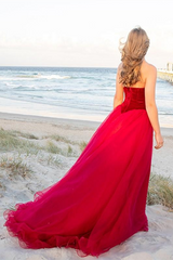 Burgundy A Line Tulle Strapless Prom Dress Long Formal Ball Dress, Evening Dress,Formal Dresses SDE014