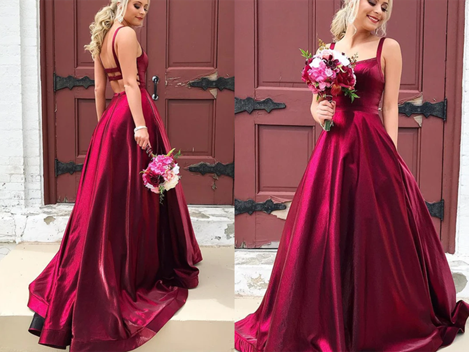 Burgundy A line Long Satin Spaghetti Straps Prom Dresses With Pockets,Sexy Formal Dresses SDE013