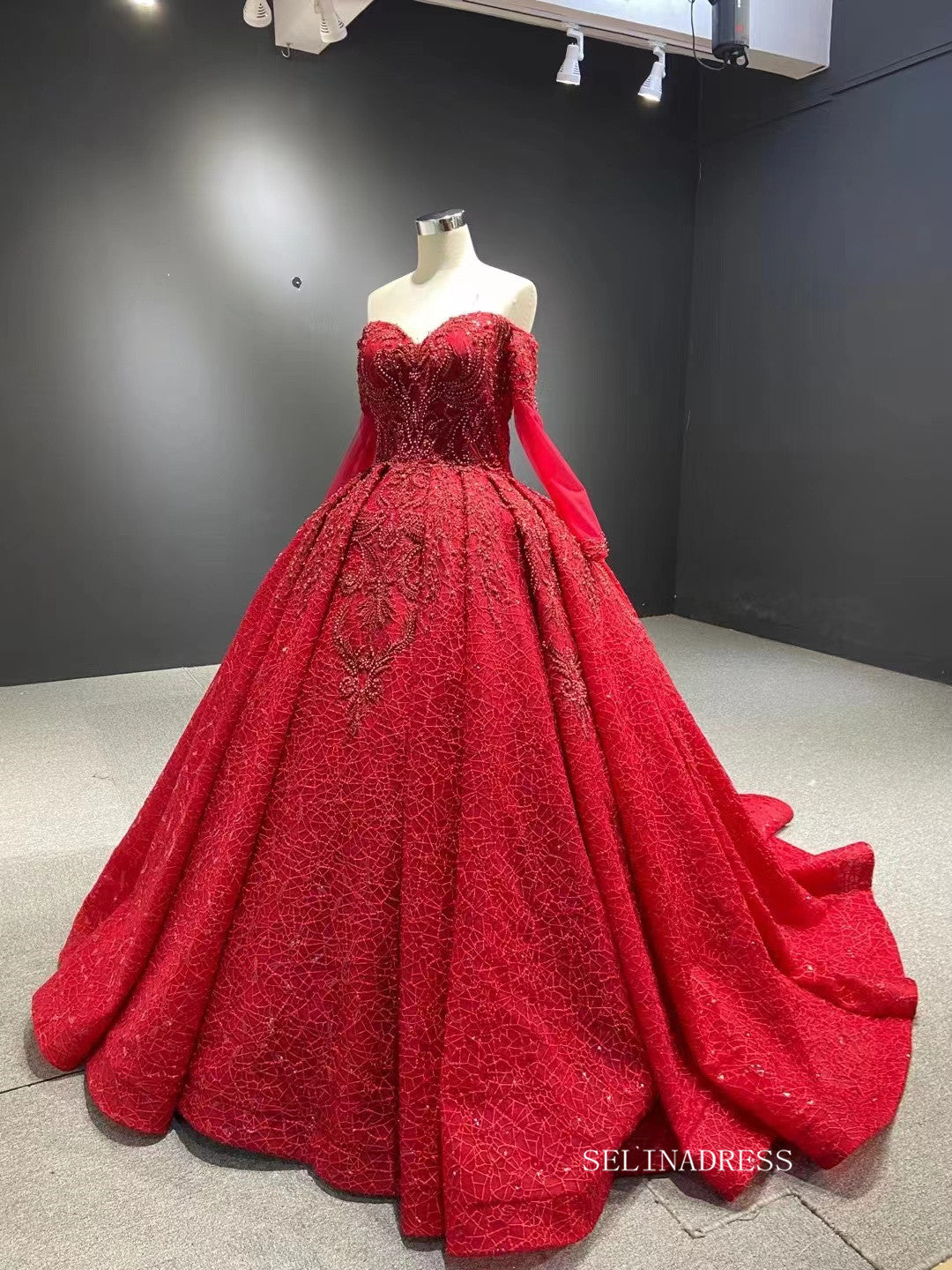 Luxury Strapless Long Sleeve Red Ball Gown Prom Dress Beaded Quincess Evening Gowns RSM67160|Selinadress