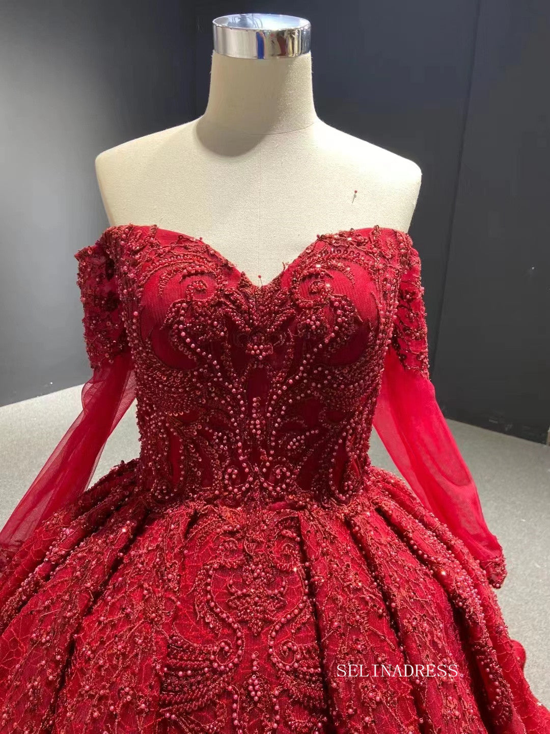 Luxury Strapless Long Sleeve Red Ball Gown Prom Dress Beaded Quincess Evening Gowns RSM67160|Selinadress