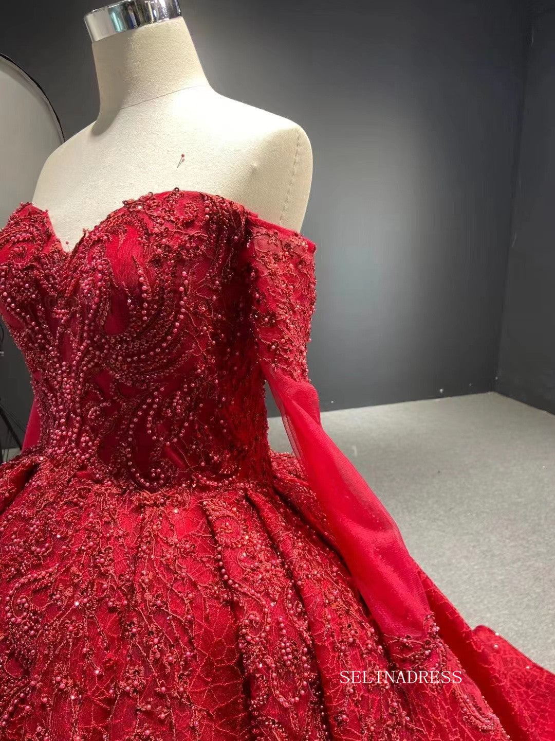 Luxury Strapless Long Sleeve Red Ball Gown Prom Dress Beaded Quincess Evening Gowns RSM67160|Selinadress