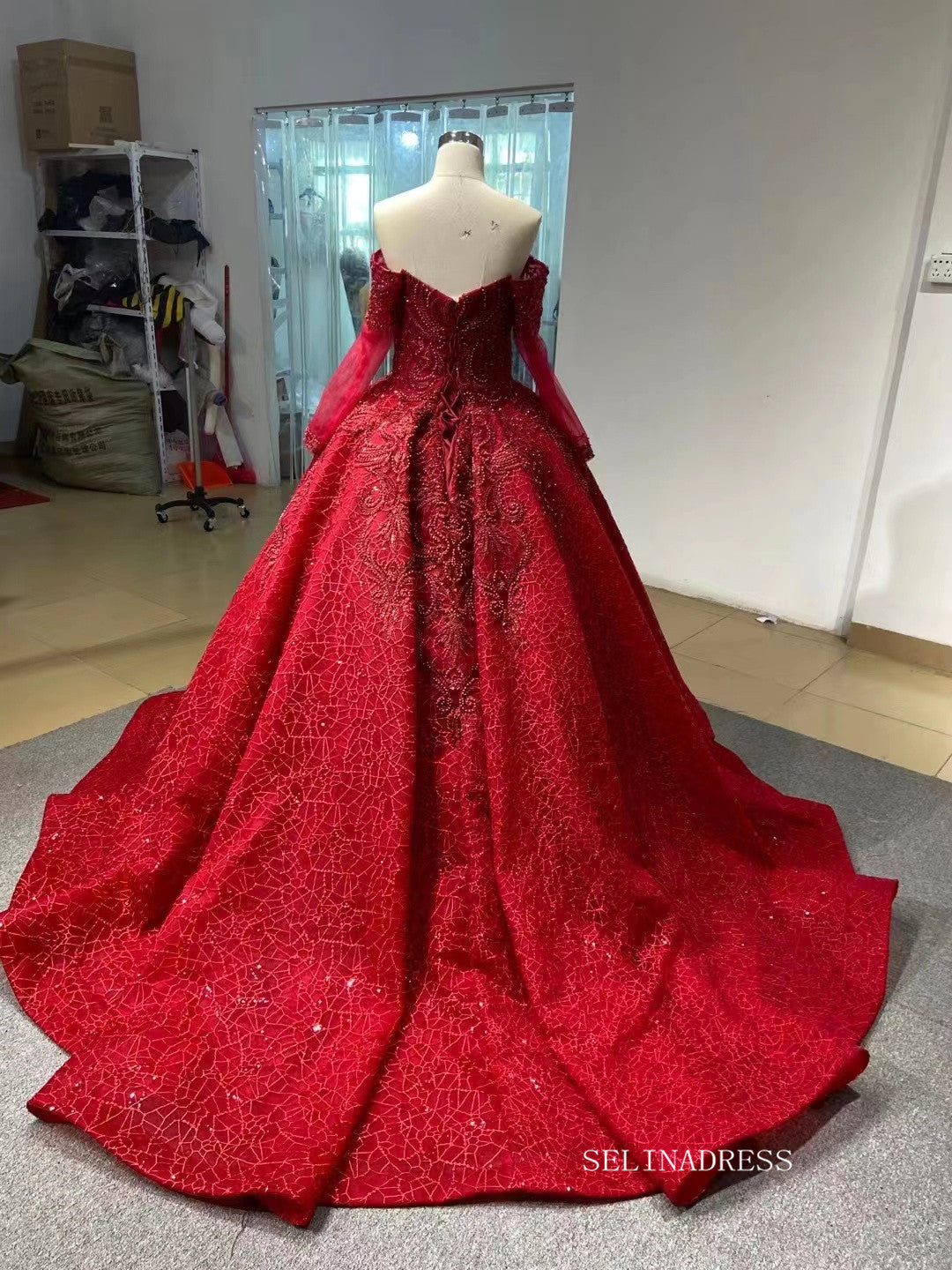 Luxury Strapless Long Sleeve Red Ball Gown Prom Dress Beaded Quincess Evening Gowns RSM67160|Selinadress