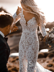 Rustic See Through Lace Wedding Dresses V neck Long Sleeve Mermaid Wedding Dresses SEW007