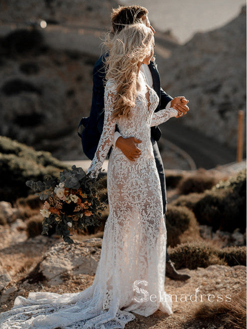 Deep V Neck Boho Wedding Dress Long Sleeve Rustic Wedding Dress