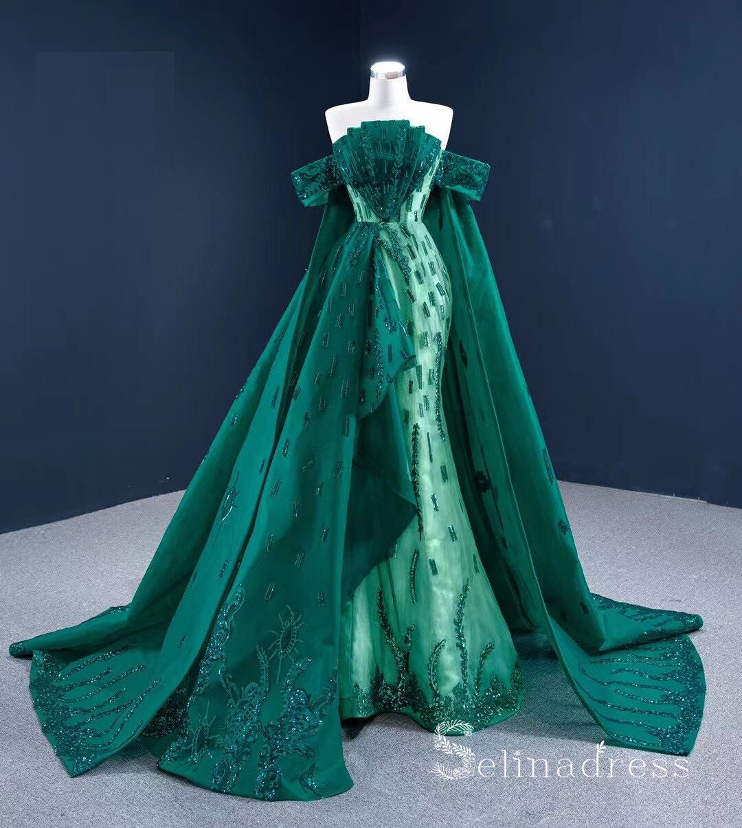 Haute Couture Off-the-shoulder Green Long Prom Dresses Beaded Pageant Gown SC001