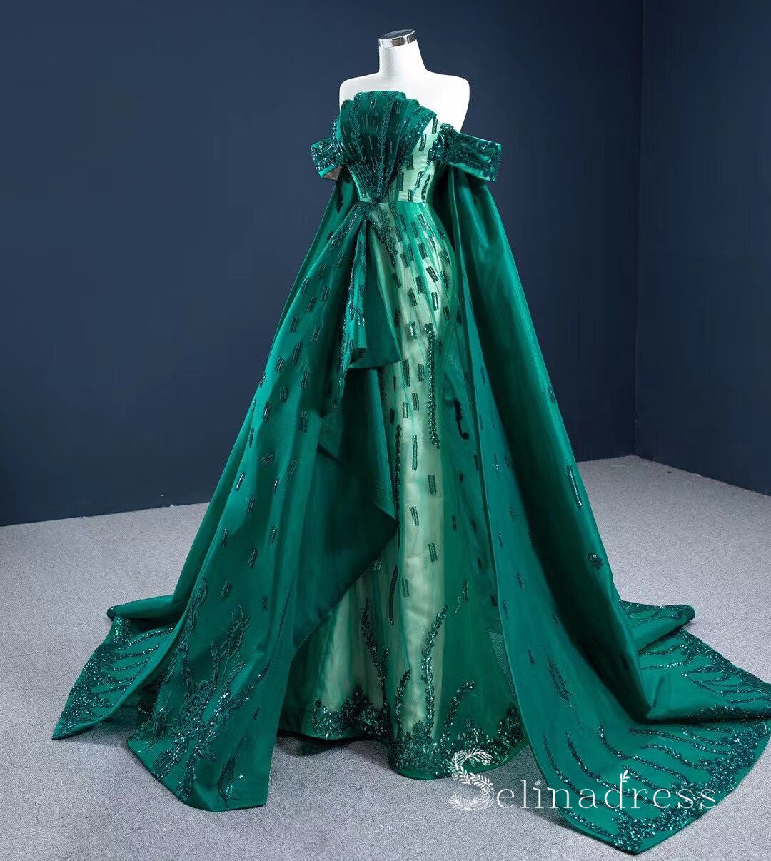 Haute Couture Off-the-shoulder Green Long Prom Dresses Beaded Pageant Gown SC001