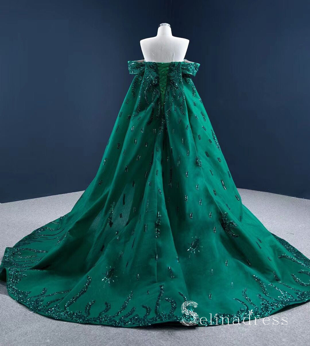 Haute Couture Off-the-shoulder Green Long Prom Dresses Beaded Pageant Gown SC001