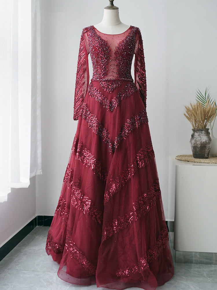 Selinadress Elegant Long Luxury Burgundy Long Evening Dress Formal Gowns SC090