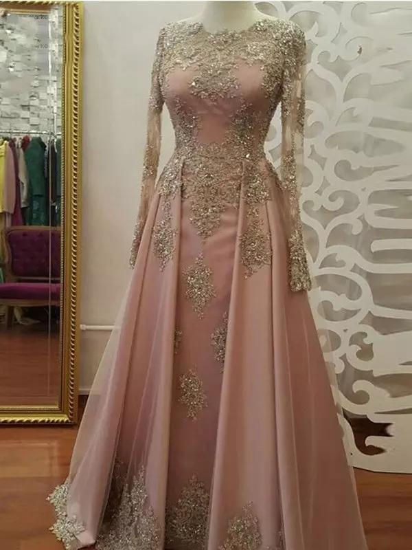 Pearl Pink Long Prom Dresses Scoop Long Sleeve Sparkly Long Prom Dress Evening Dresses SE001