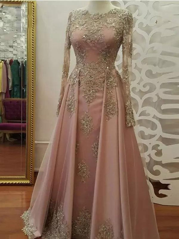 Two Piece Dusty Pink Long Prom Dress Puff Sleeve Formal Dresses Evenin –  SELINADRESS