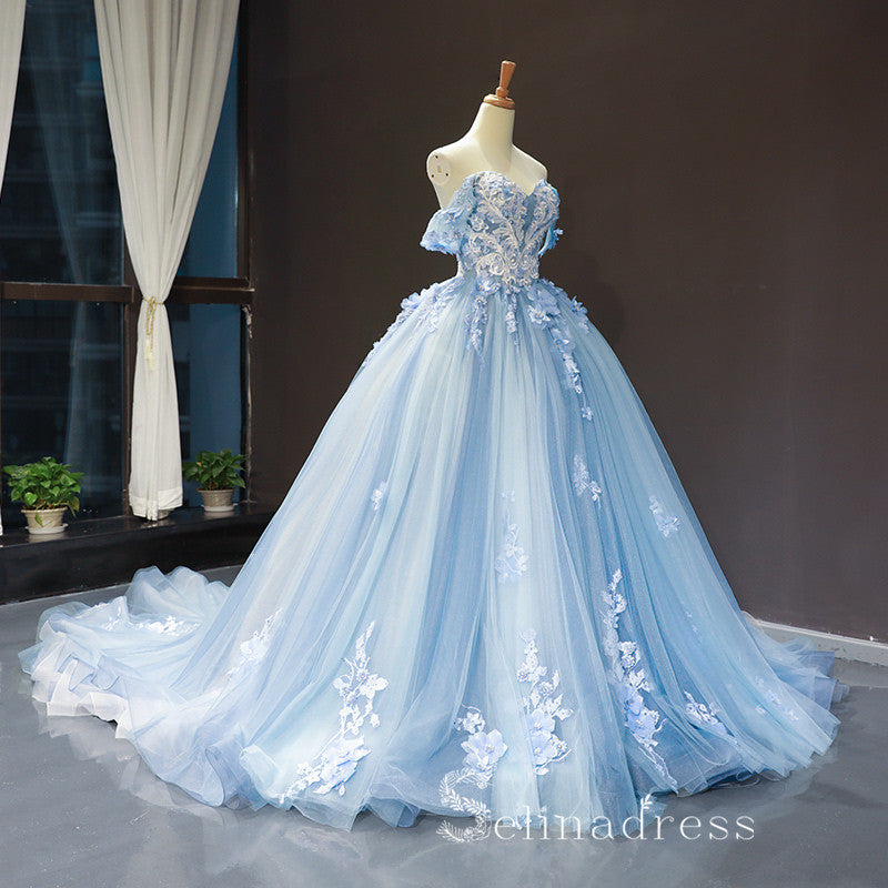 A-line Blue Off-the-shoulder Long Prom Dresses Vintage Lace Formal Dresses Evening Gowns SED036