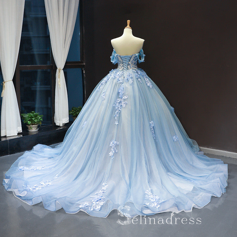 A-line Blue Off-the-shoulder Long Prom Dresses Vintage Lace Formal Dresses Evening Gowns SED036