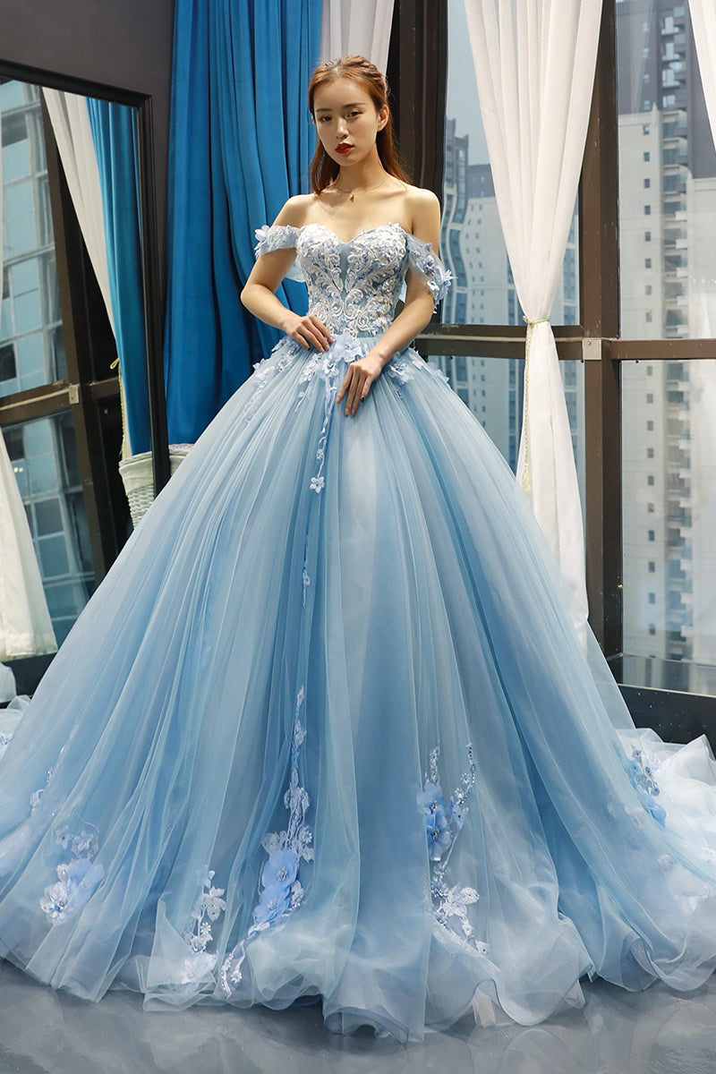 A-line Blue Off-the-shoulder Long Prom Dresses Vintage Lace Formal Dresses Evening Gowns SED036