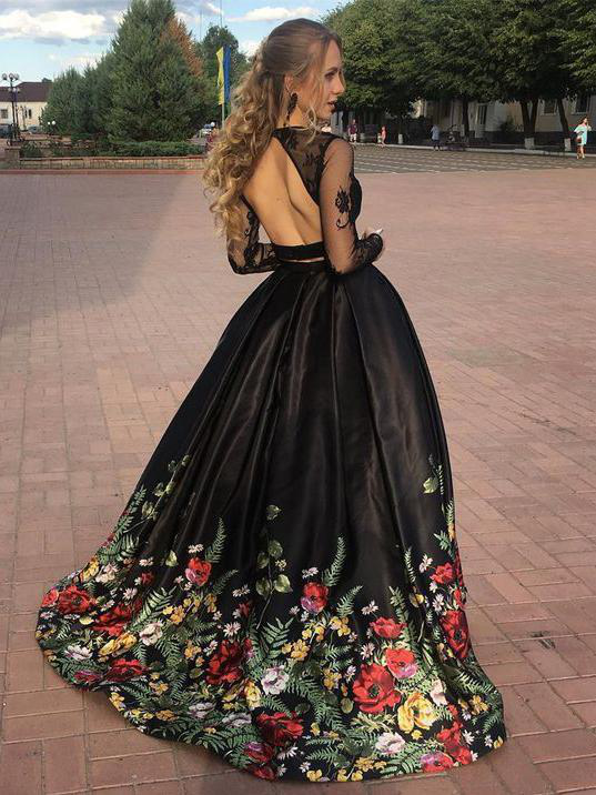 Chic Black Two Pieces Prom Dresses With Floral Lace Long Formal Dress –  SELINADRESS