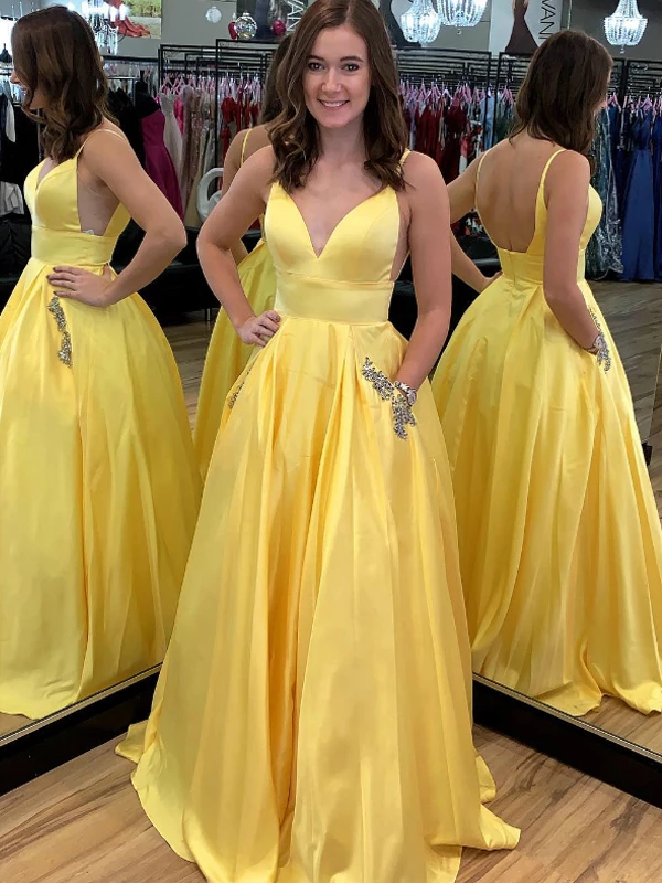 Yellow Satin V-Neck Scoop Back Beading Pocket Prom Dresses #SED220