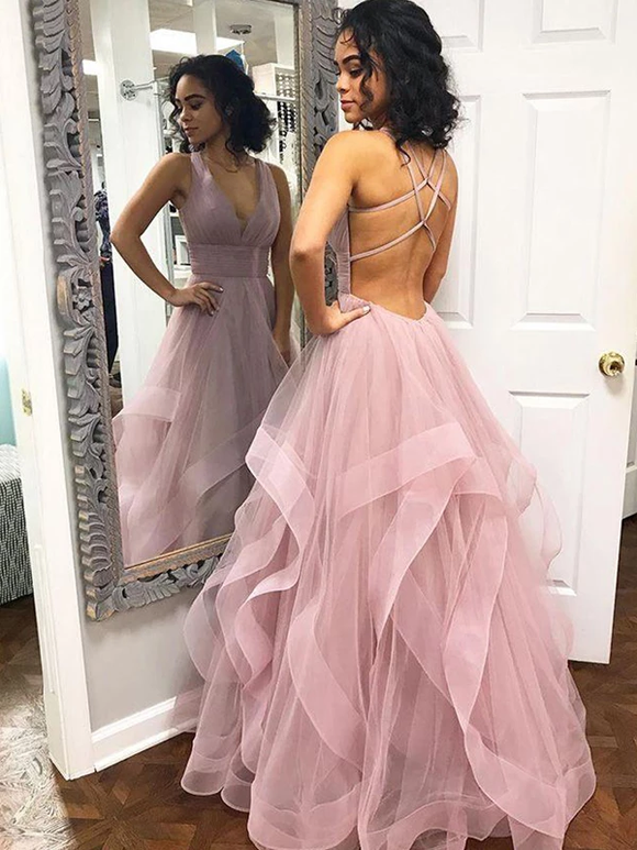 Blush Pink Ball Gown Ruffles Criss-Cross Backless Prom Dresses