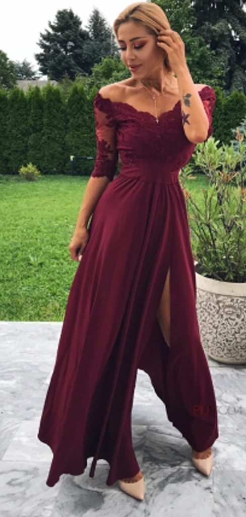 Maroon Off Shoulder Half Sleeve Burgundy Lace Long Prom Dresses Evening Dress #SED233