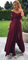 Maroon Off Shoulder Half Sleeve Burgundy Lace Long Prom Dresses Evening Dress #SED233