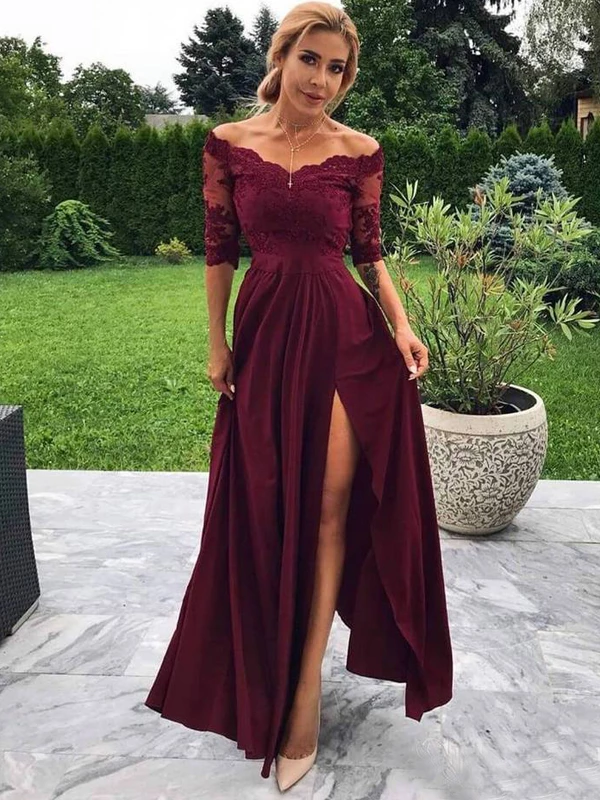 Maroon Off Shoulder Half Sleeve Burgundy Lace Long Prom Dresses Evening Dress #SED233