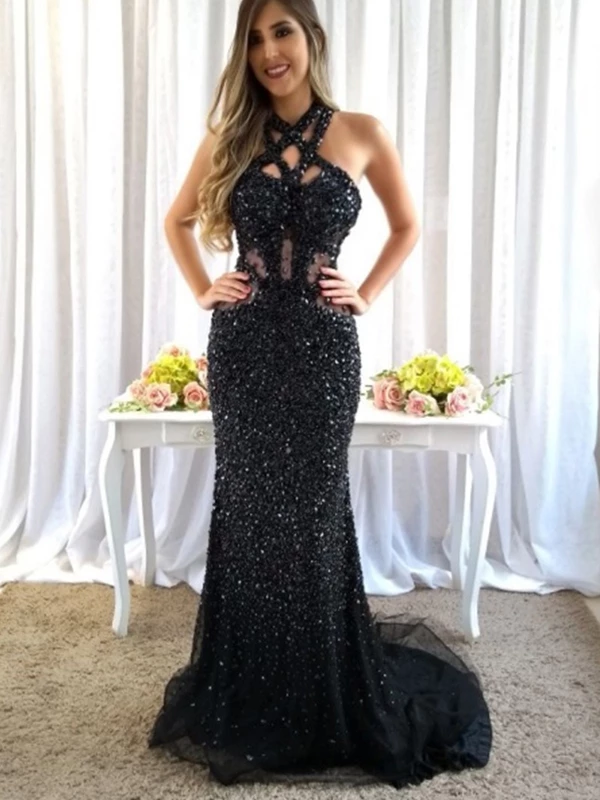 Mermaid Black Rhinestone Open Back Sparkly Prom Dresses Evening Dress #SED234