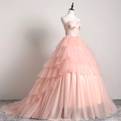 Sweetheart Pink Tulle 3D Lace Multi-layered Ball Gown Formal Prom Dress #SED243