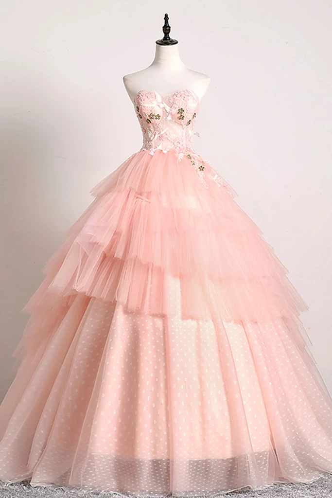 Sweetheart Pink Tulle 3D Lace Multi-layered Ball Gown Formal Prom Dress #SED243