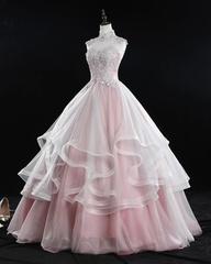 Pink High Neck Tulle Lace Long Prom Dress Senior Lace Up Evening Gown #SED245