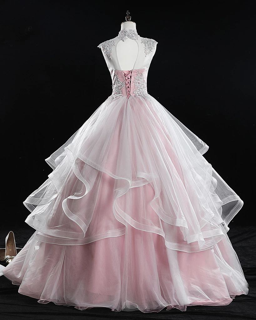 Pink High Neck Tulle Lace Long Prom Dress Senior Lace Up Evening Gown #SED245