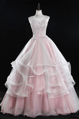 Pink High Neck Tulle Lace Long Prom Dress Senior Lace Up Evening Gown #SED245