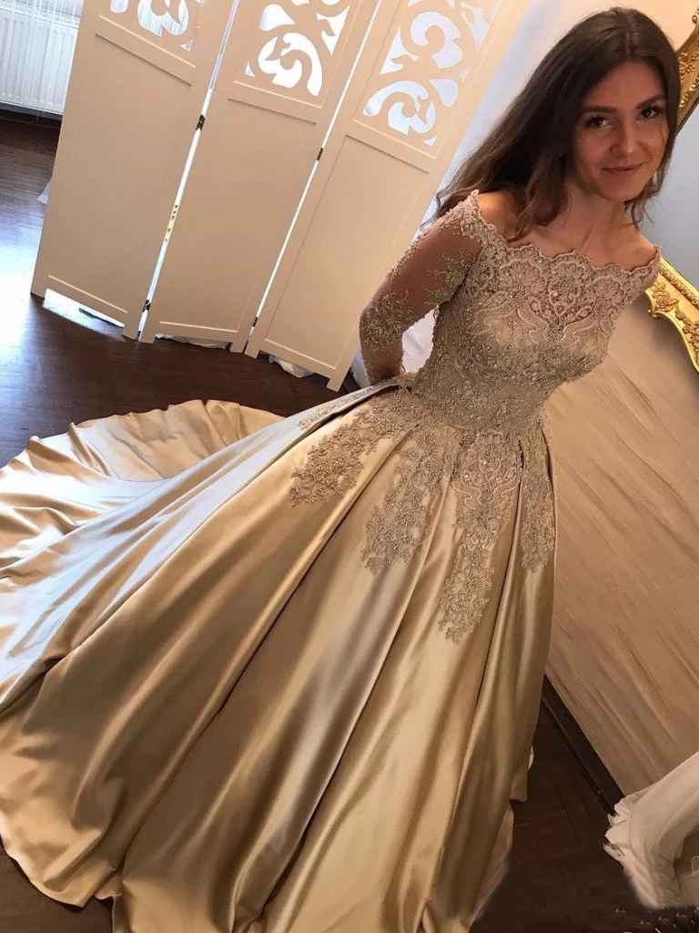 Chic Off Shoulder Gold Prom Dress Long Sleeve Sparkly Prom Dress Bridal Dress #SED259