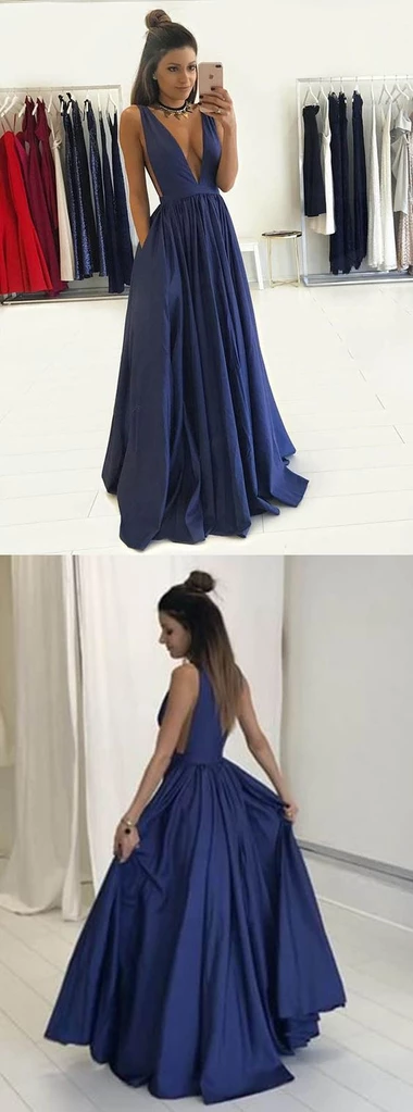 A-line V-neck Floor Length Royal Blue Taffeta Prom Drsess Cheap Evening Gowns #SED261