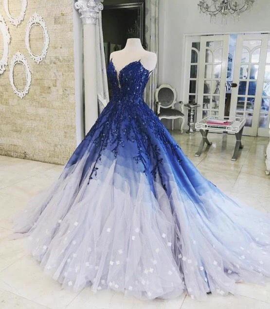 Ombre Prom Dress With Applique Royal Blue Prom Dresses Long Evening Dress #SED262