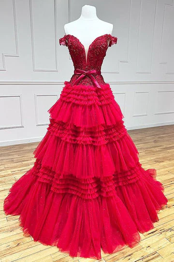 Off-the-shoulder Glitter Tulle Ball Gowns Lace Long Prom Dress Layered Evening Dress SED293|Selinadress