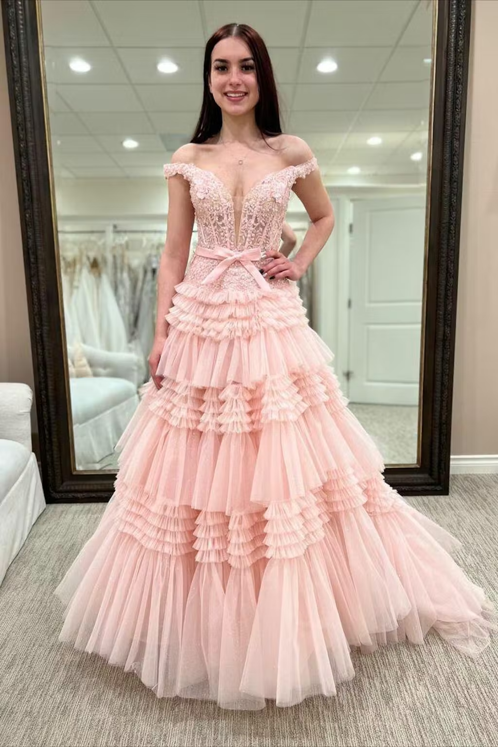 Off-the-shoulder Glitter Tulle Ball Gowns Lace Long Prom Dress Layered Evening Dress SED293|Selinadress