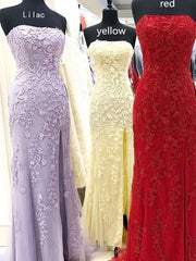 Sheath/Column Strapless Modest Cheap Long Prom Dresses Applique Evening Dress SEL518