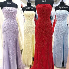 Sheath/Column Strapless Modest Cheap Long Prom Dresses Applique Evening Dress SEL518