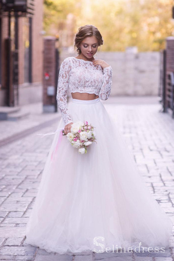Two Piece A-line Long Sleeve Rustic Wedding Dresses White Tulle