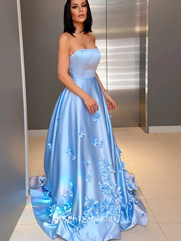 Chic A-line Strapless Light Sky Blue Long Prom Dresses Simple Satin Evening Dresses Pageant Dress TKL069